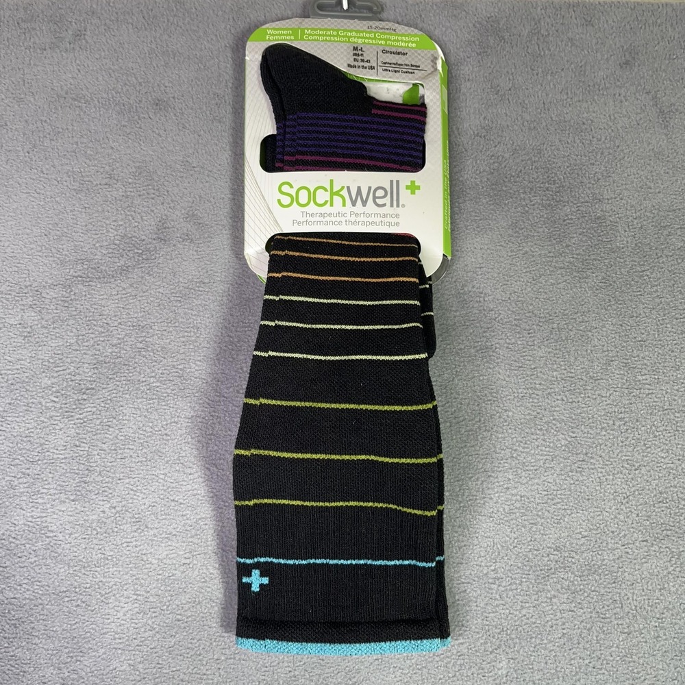 Sockwell Circulator Moderate Compression Socks Black Striped Womens M-L (8-11)